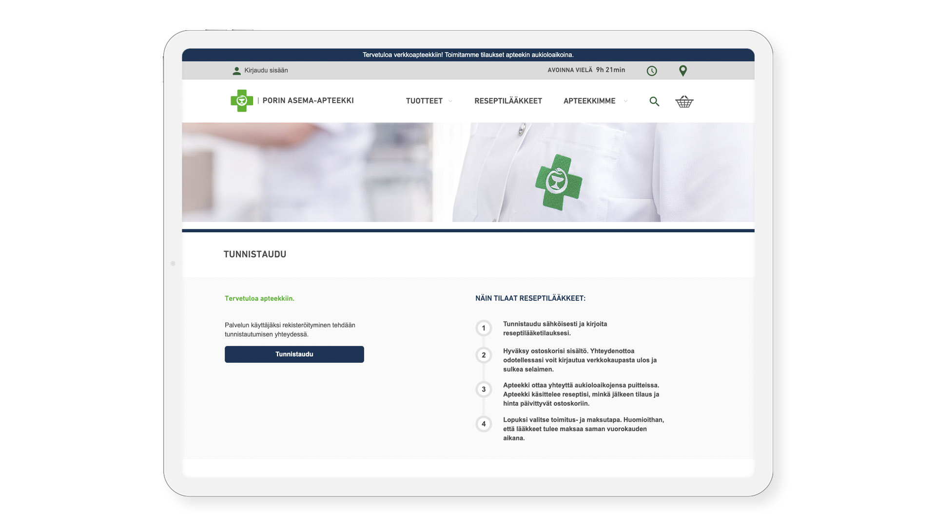 Näkymä Porin Asema-Apteekin kirjautumissivusta