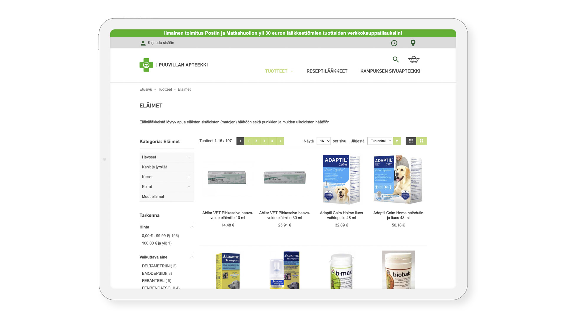 Näkymä Puuvillan apteekin valikoimasivusta